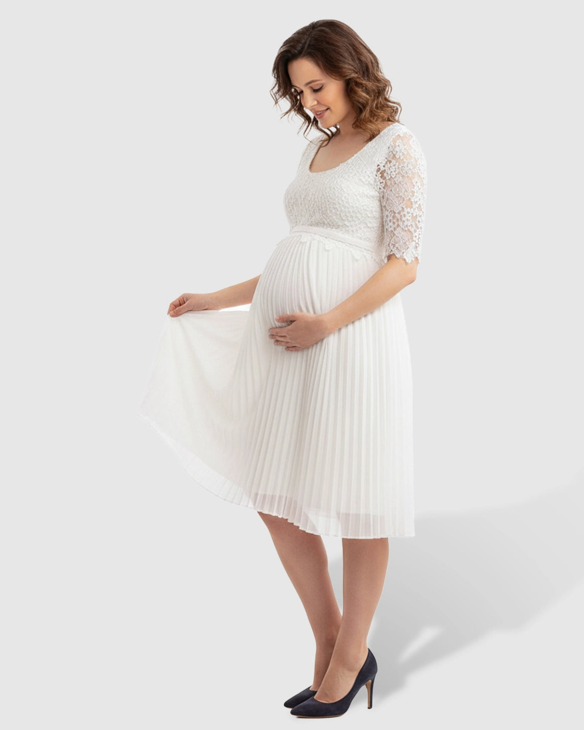 Lace Bodice Pleated Maternity Midi Dress