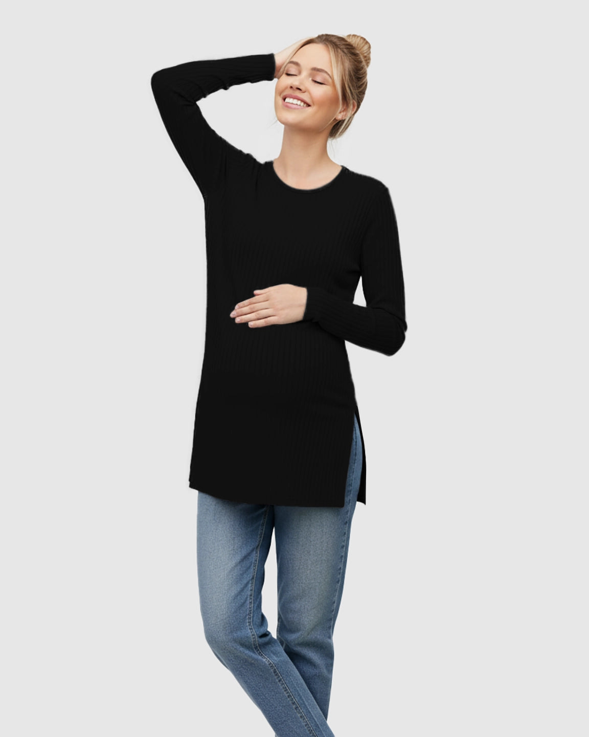 Ribbed Knit Long Sleeve Maternity Top with Side Slits