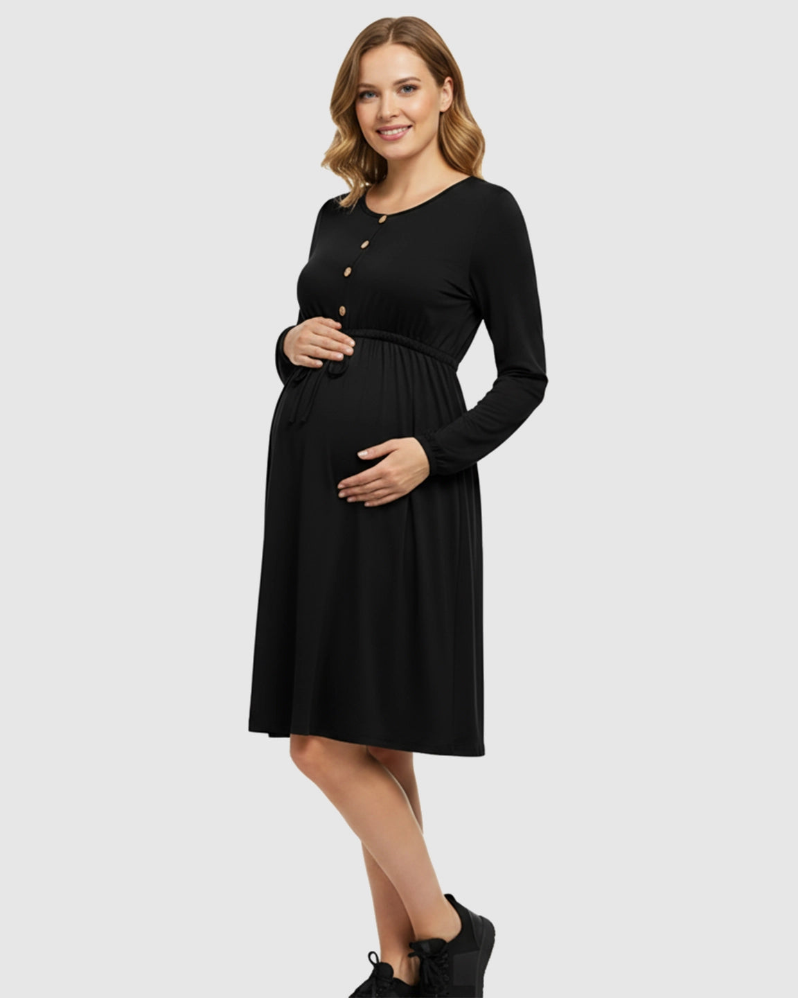 Button-Front Drawstring Waist Maternity Dress