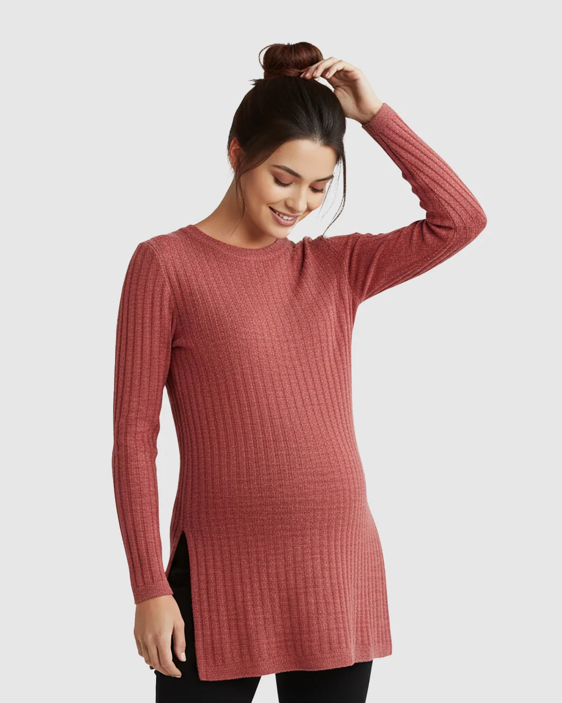 Ribbed Knit Side-Slit Long Sleeve Maternity Top