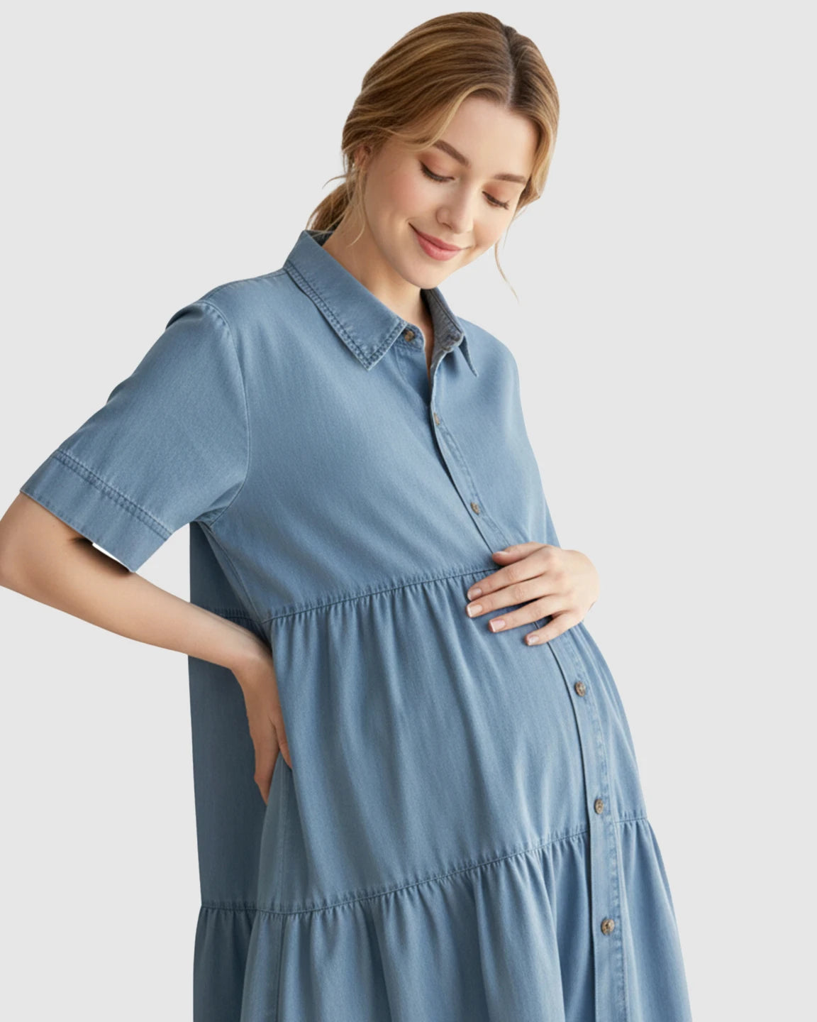 Tiered Denim Casual Maternity Midi Dress
