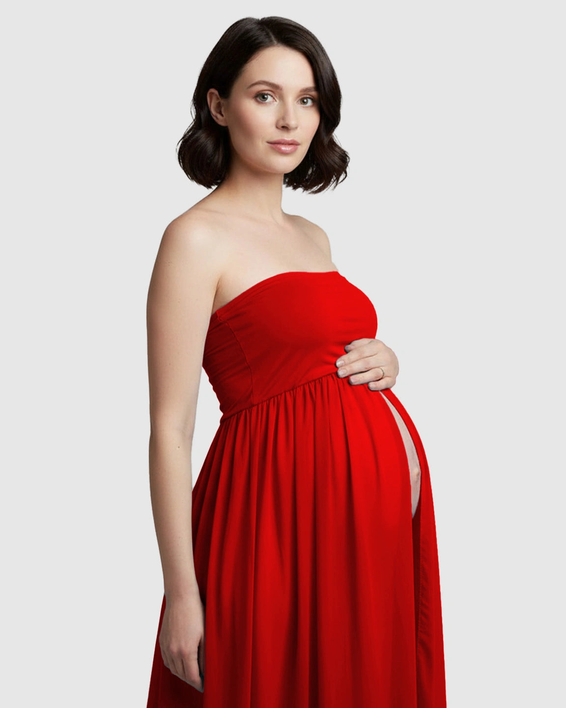 Strapless Ruched Front Slit Maternity Photoshoot Dress