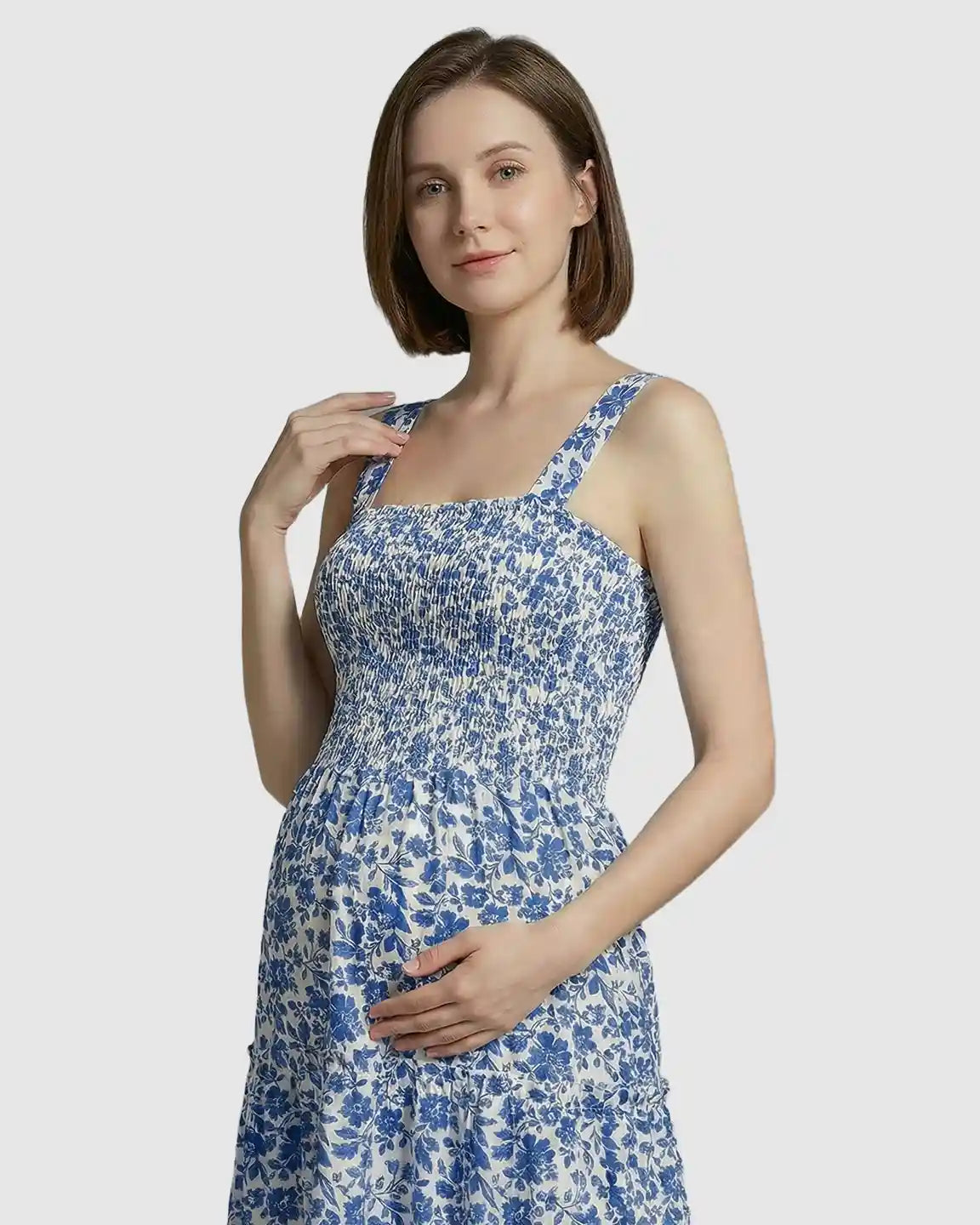 Smocked Floral A-Line Maternity Midi Dress