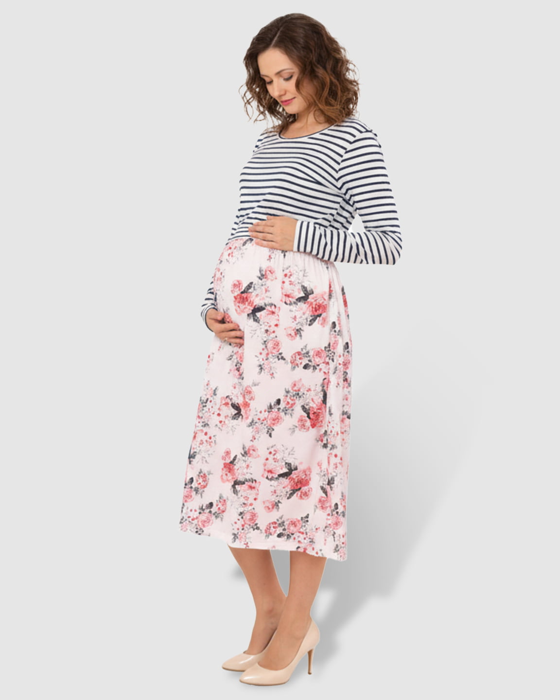 Striped Top Floral Skirt Nursing & Maternity Midi Dress