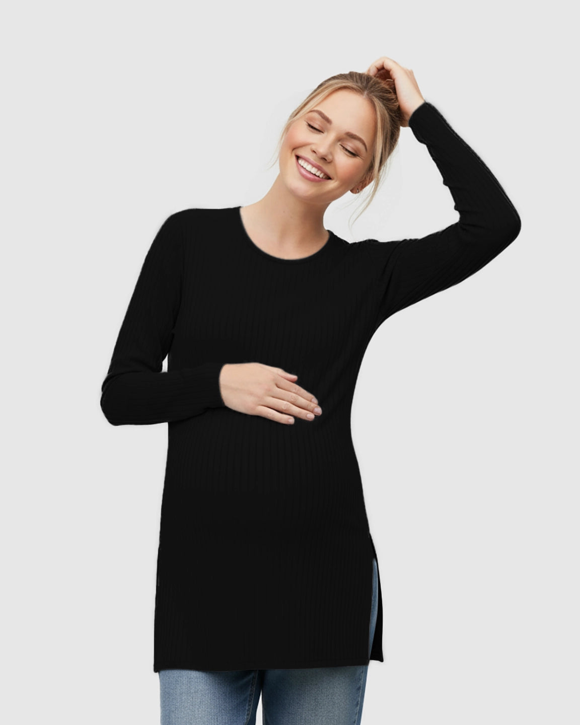 Ribbed Knit Long Sleeve Maternity Top with Side Slits