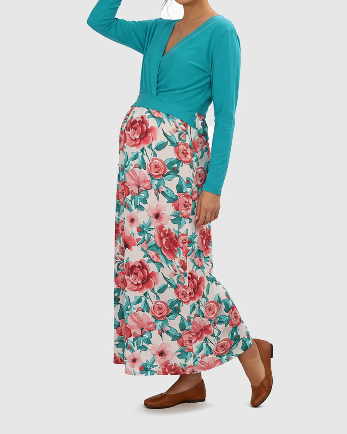 V-Neck Floral Print Faux Two-Piece Maternity Maxi Dress