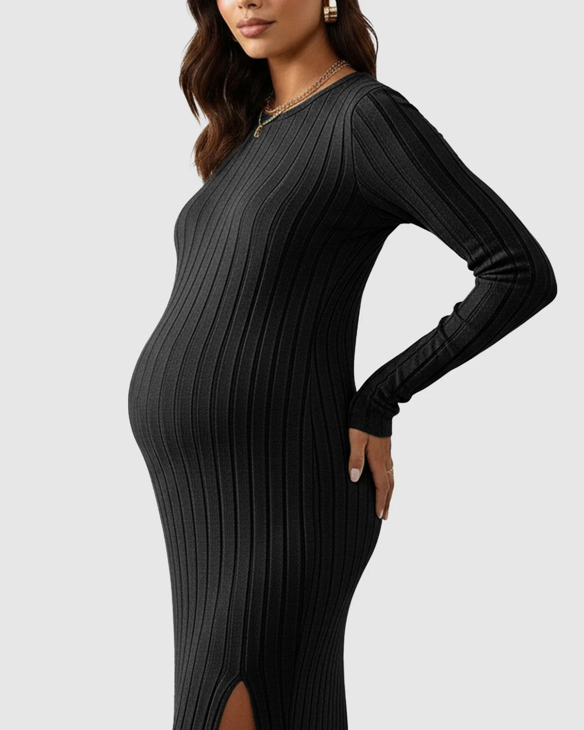Ribbed Knit Maternity Maxi Dress with Side Slit