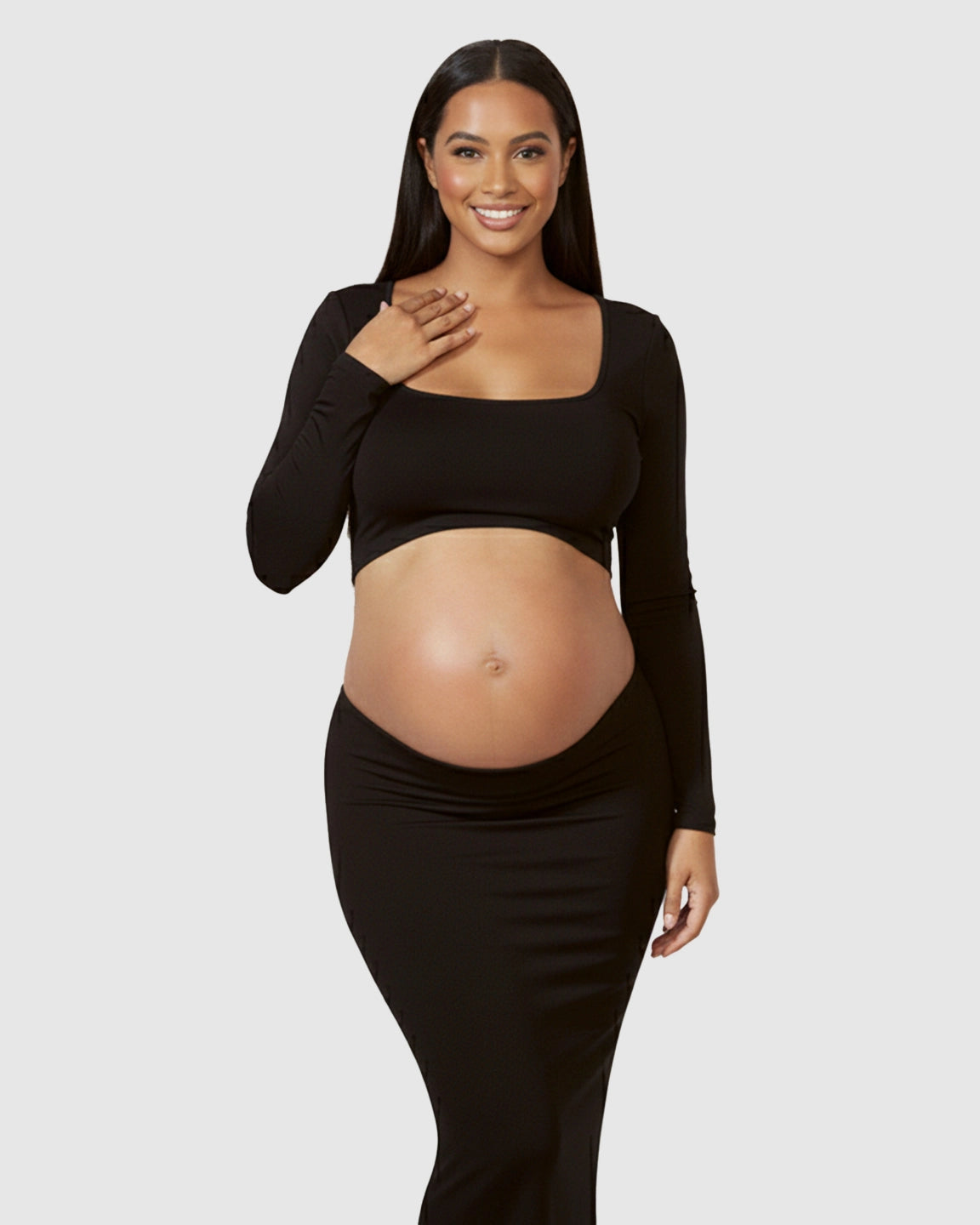 Long Sleeve Bump-Revealing Bodycon Maternity Maxi Dress