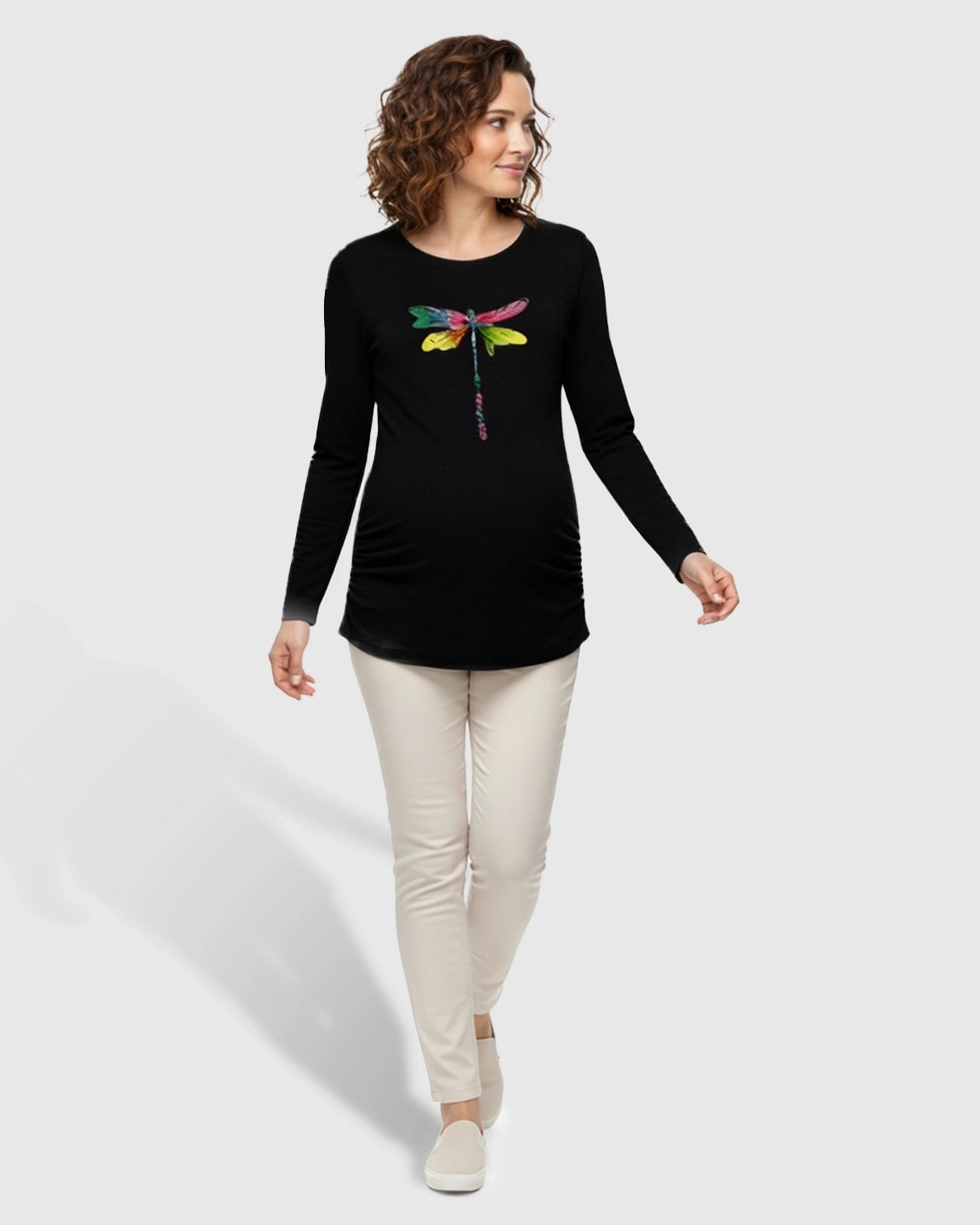 Side Ruched Classic Round Neck Long Sleeve Maternity Top