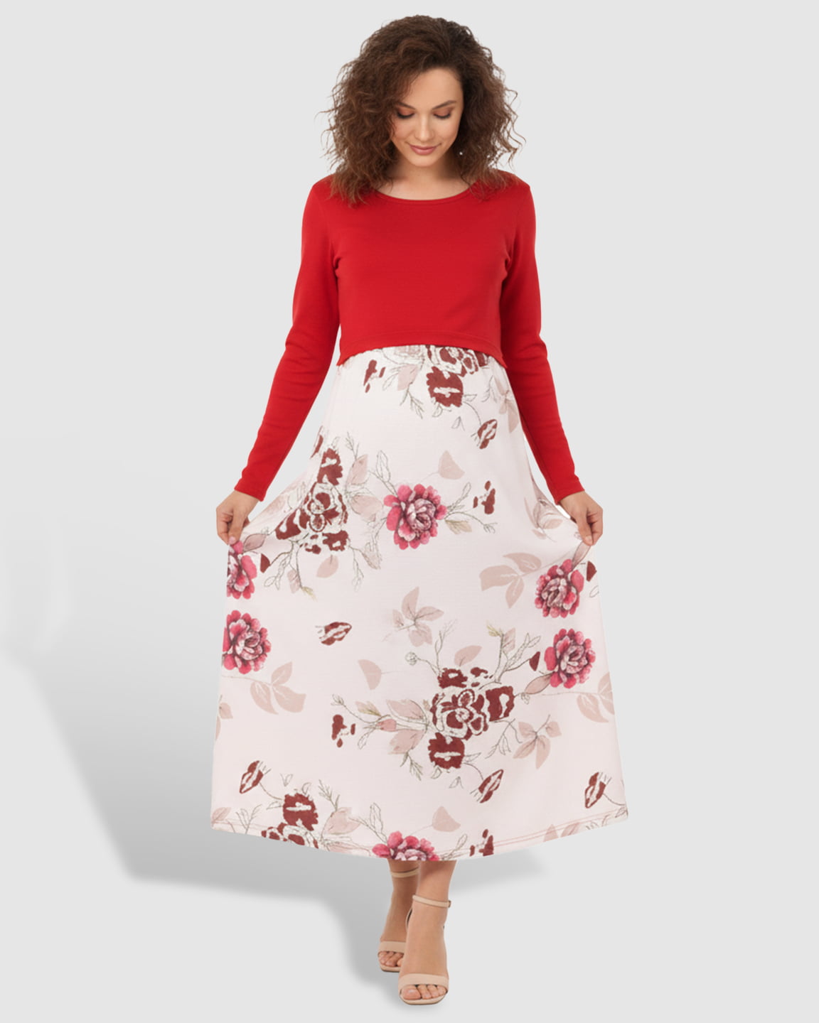 Red Floral Nursing & Maternity Midi Dress