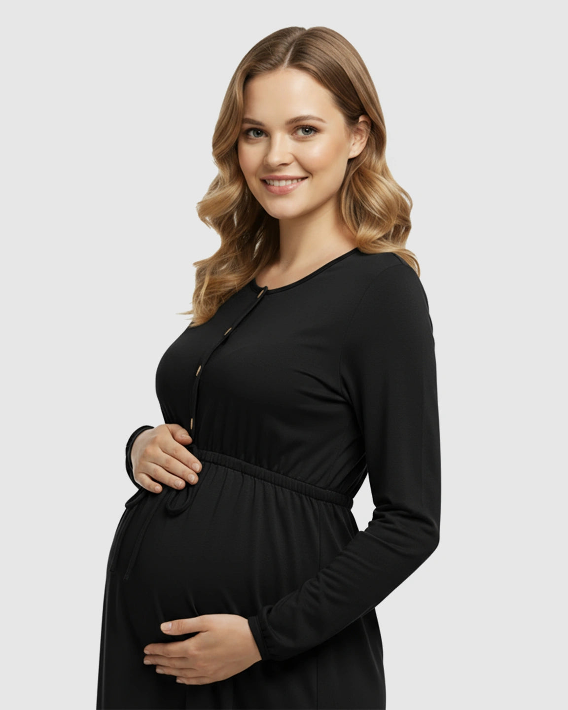 Button-Front Drawstring Waist Maternity Dress