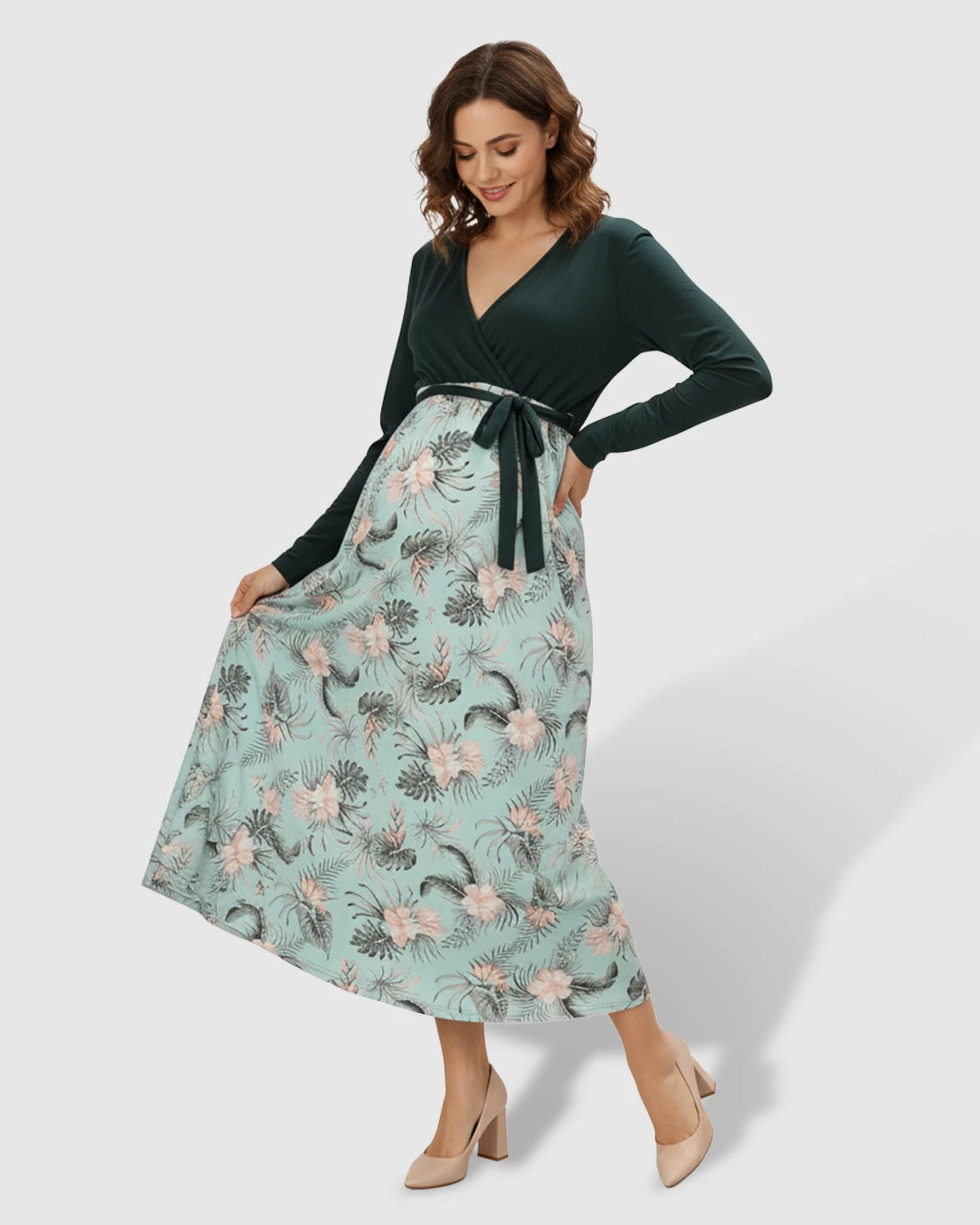 Long-Sleeve V-Neck Floral Maternity Midi Dress