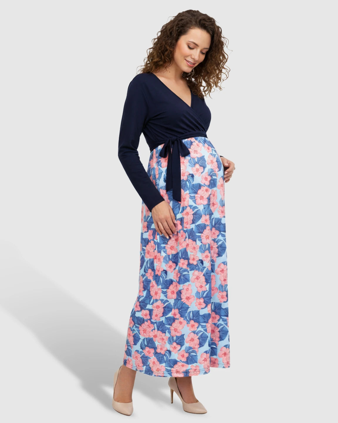 Floral V-Neck Maternity Midi Dress