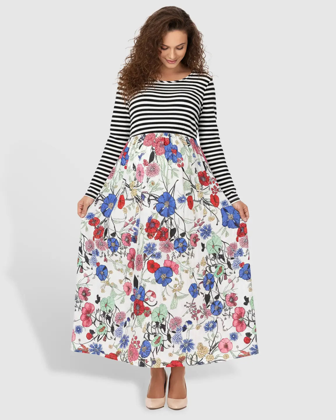 Striped Floral Nursing & Maternity Midi Dress