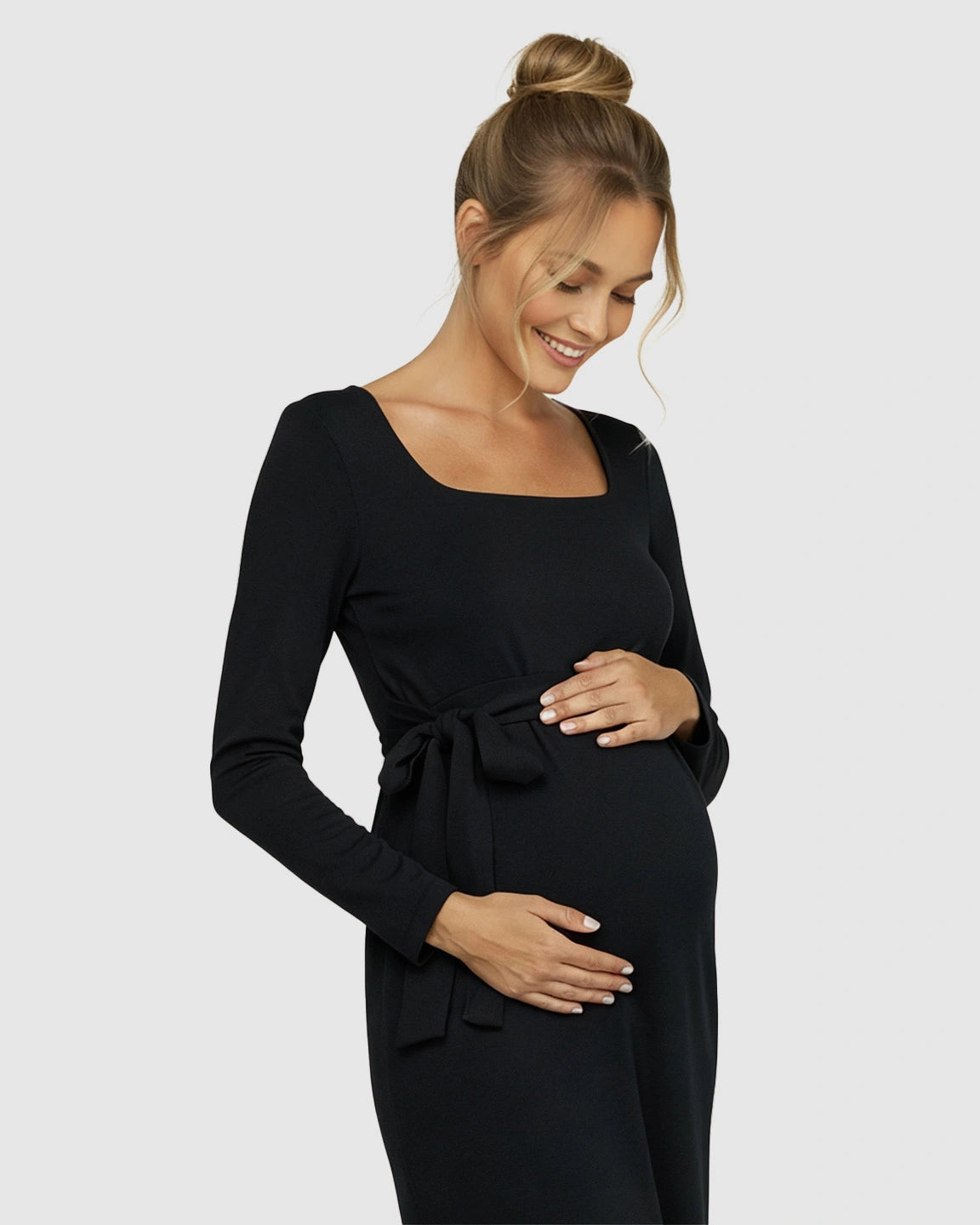 Square Neck Tie-Waist Bodycon Maternity Midi Dress