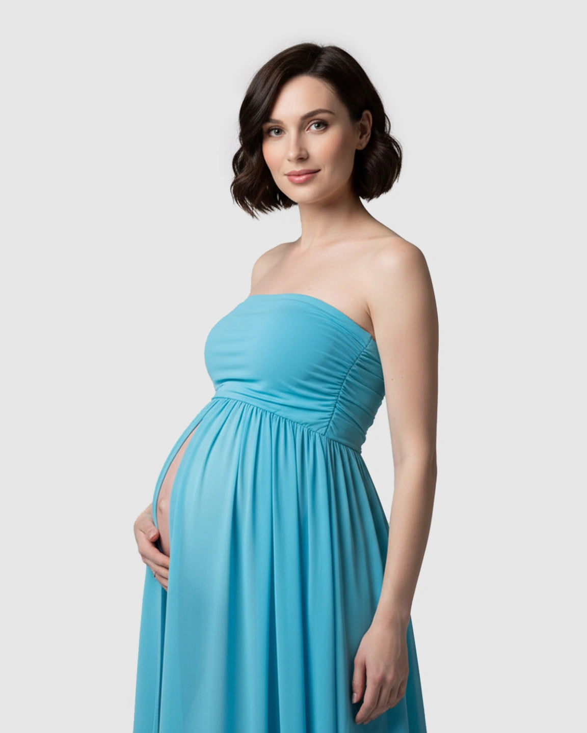 Strapless Ruched Front Slit Maternity Photoshoot Dress