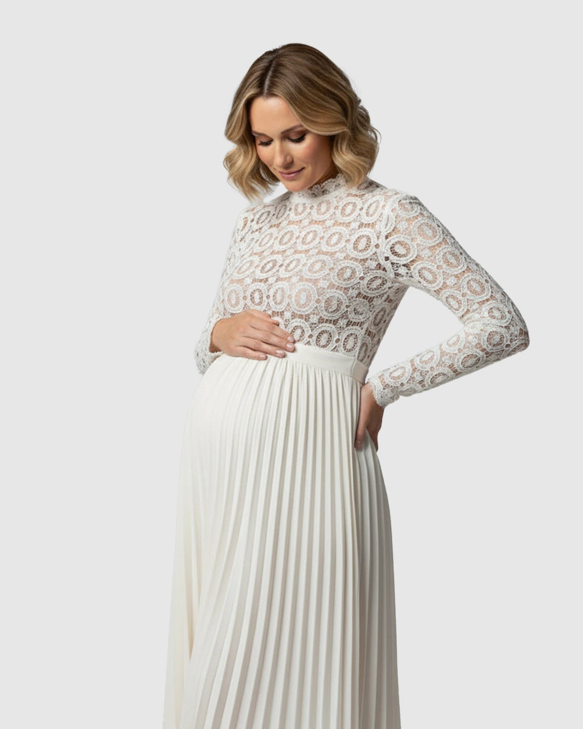Lace Mock-Neck Pleated Maternity Maxi Dress