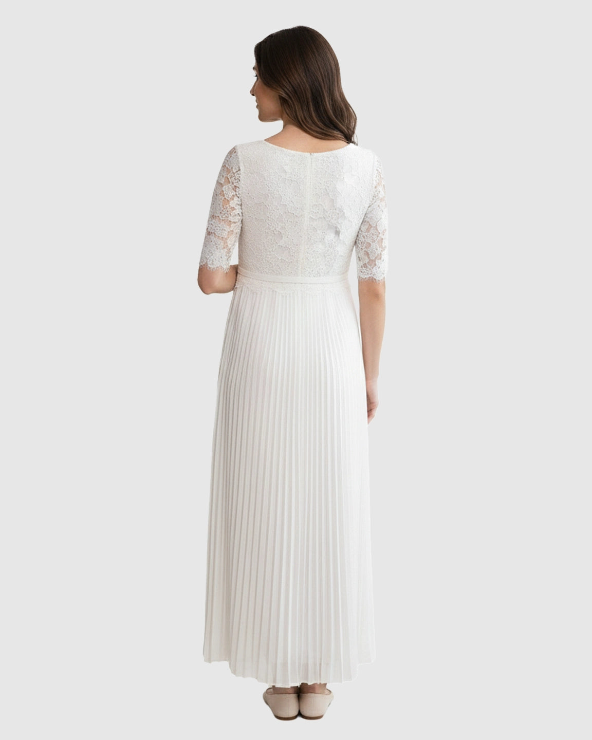 Lace-Sleeve Pleated Maternity Maxi Dress