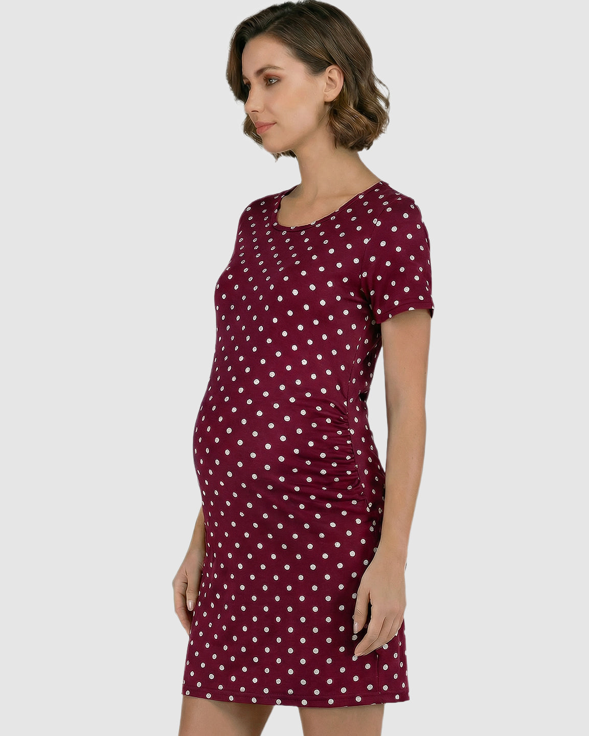 Ruched Polka Dot Bodycon Maternity Midi Dress