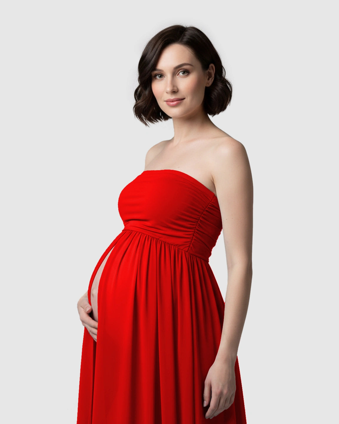 Strapless Ruched Front Slit Maternity Photoshoot Dress