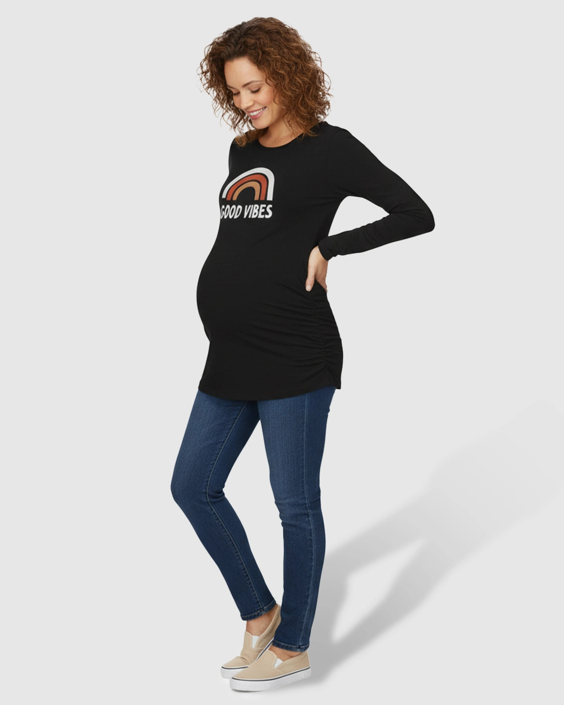 Side Ruched Round Neck Long Sleeve Maternity Top