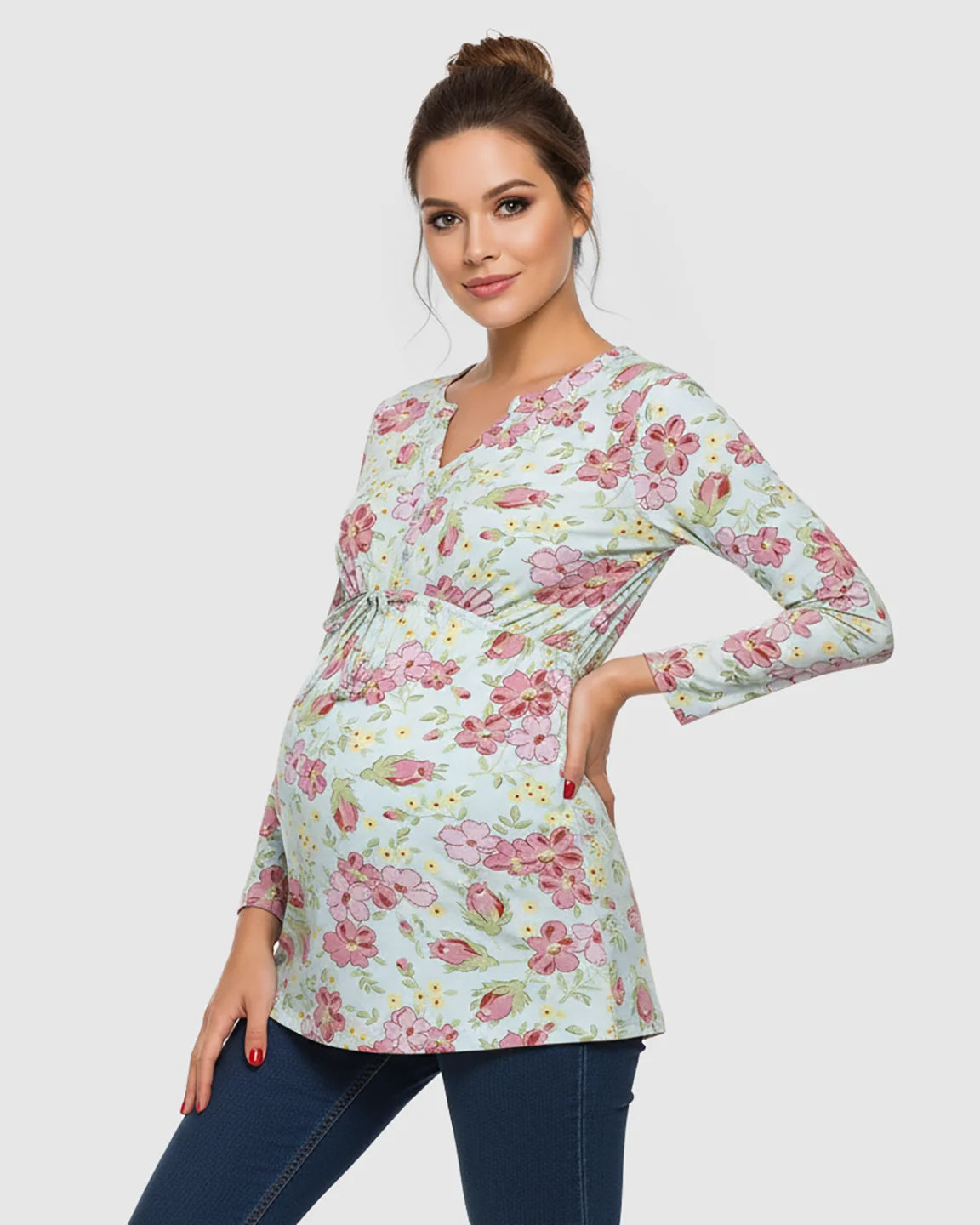 Adjustable Waist Casual Floral Maternity Top
