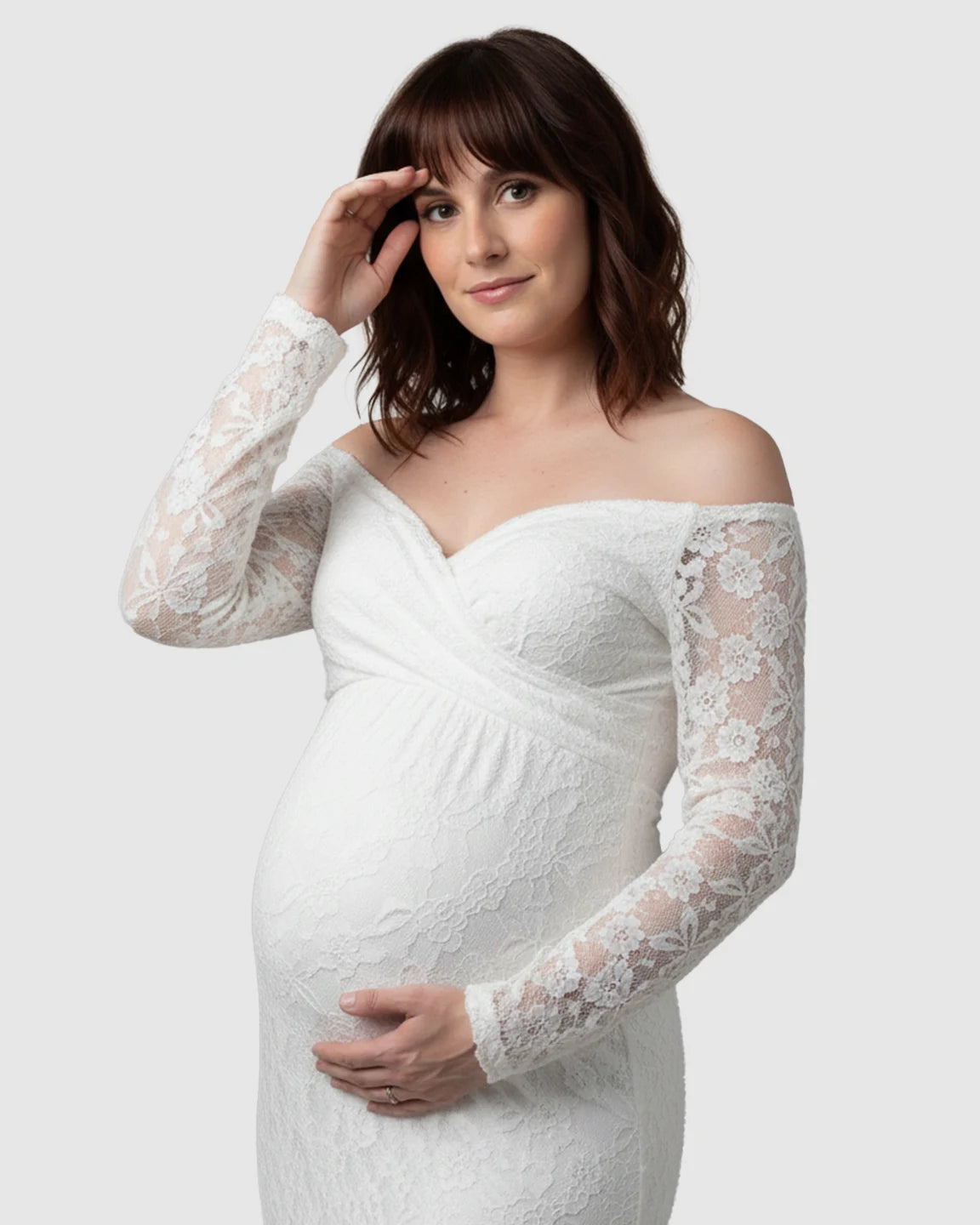 Sheer Lace-Sleeve Mermaid Train Maternity Photoshoot Gown