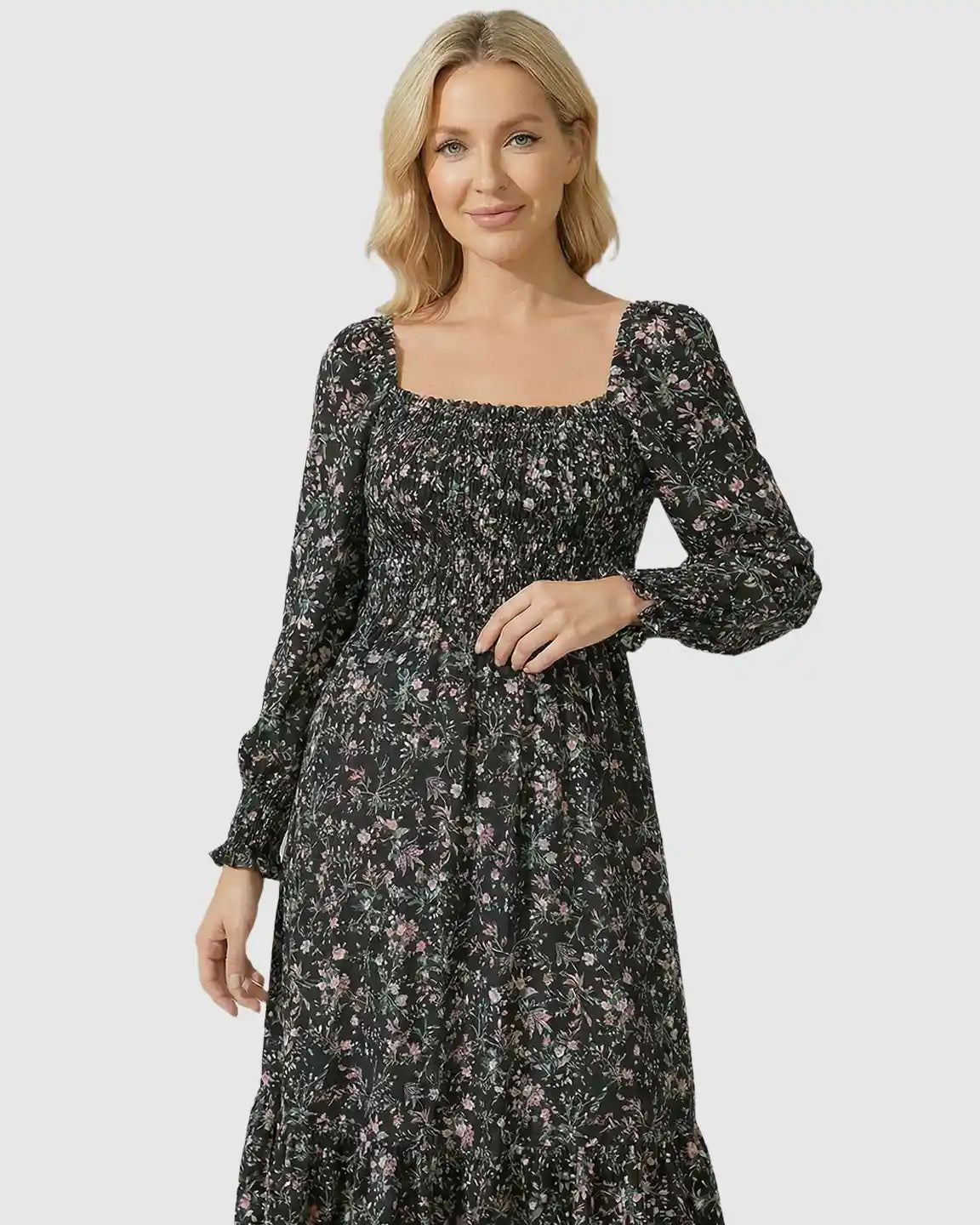 Smocked Floral Maternity Midi Dress