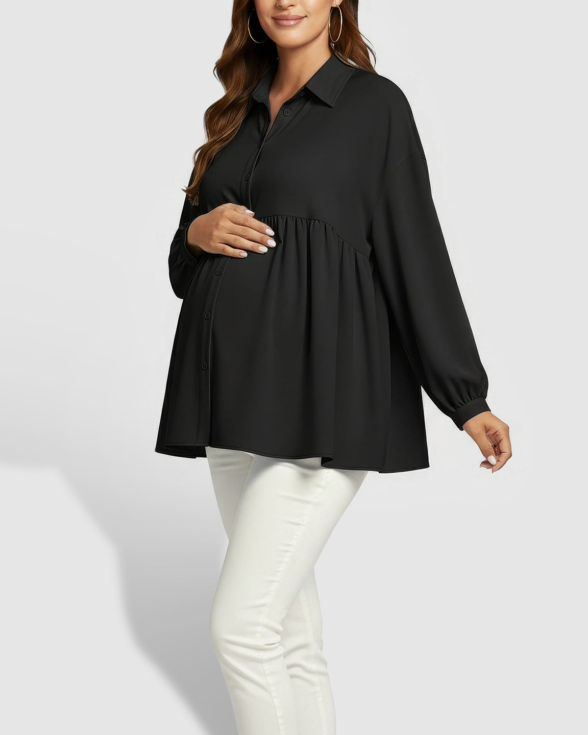 Lapel Long Sleeve Maternity Shirt