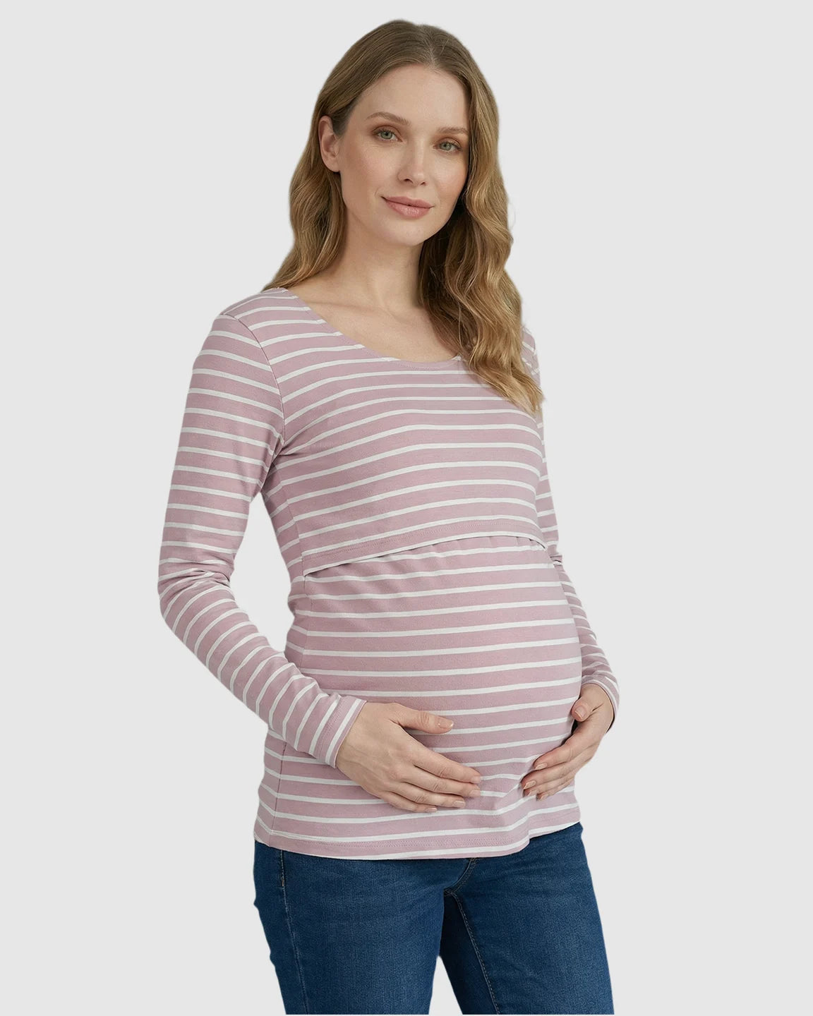 Round Neck Stripe Pull-up Maternity & Nursing Top