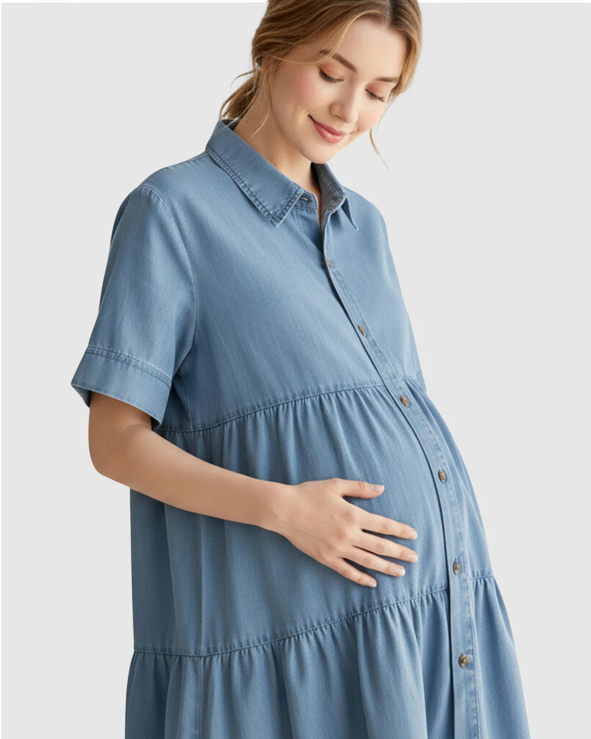 Tiered Denim Casual Maternity Midi Dress