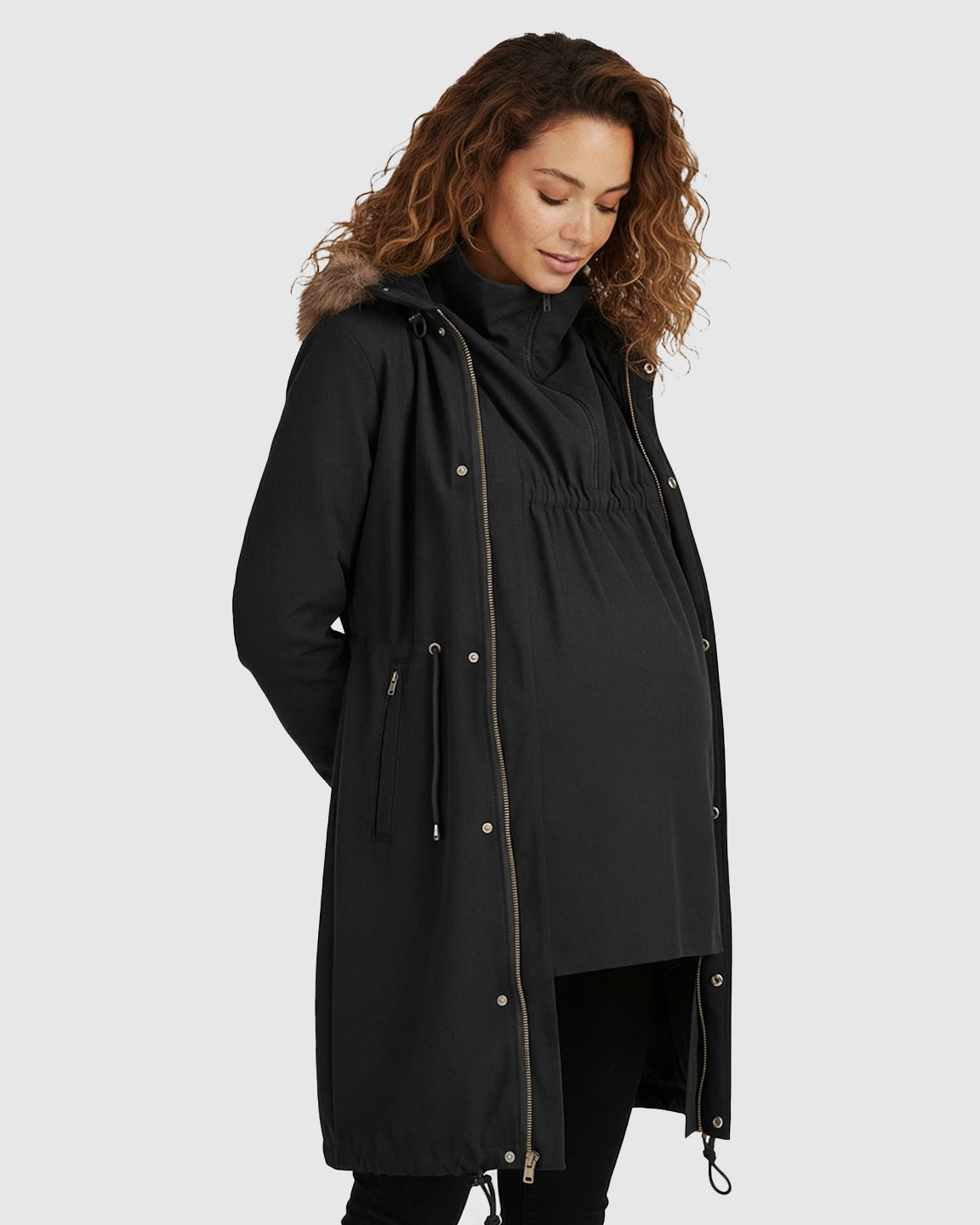 Fur Collar Hooded Long Maternity Jacket