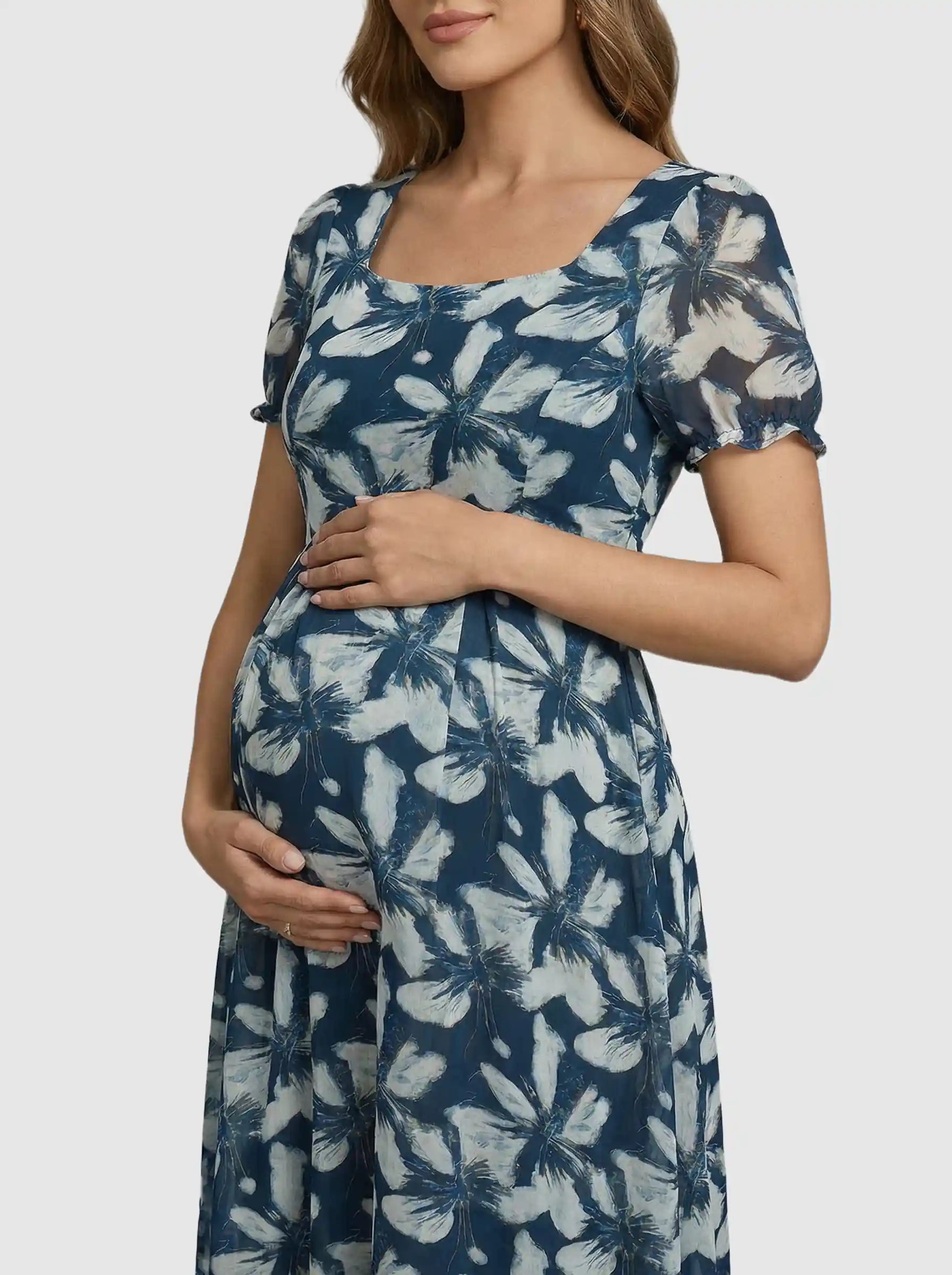 Square Neckline Floral Mid-Waist Cut Maternity Midi Dress