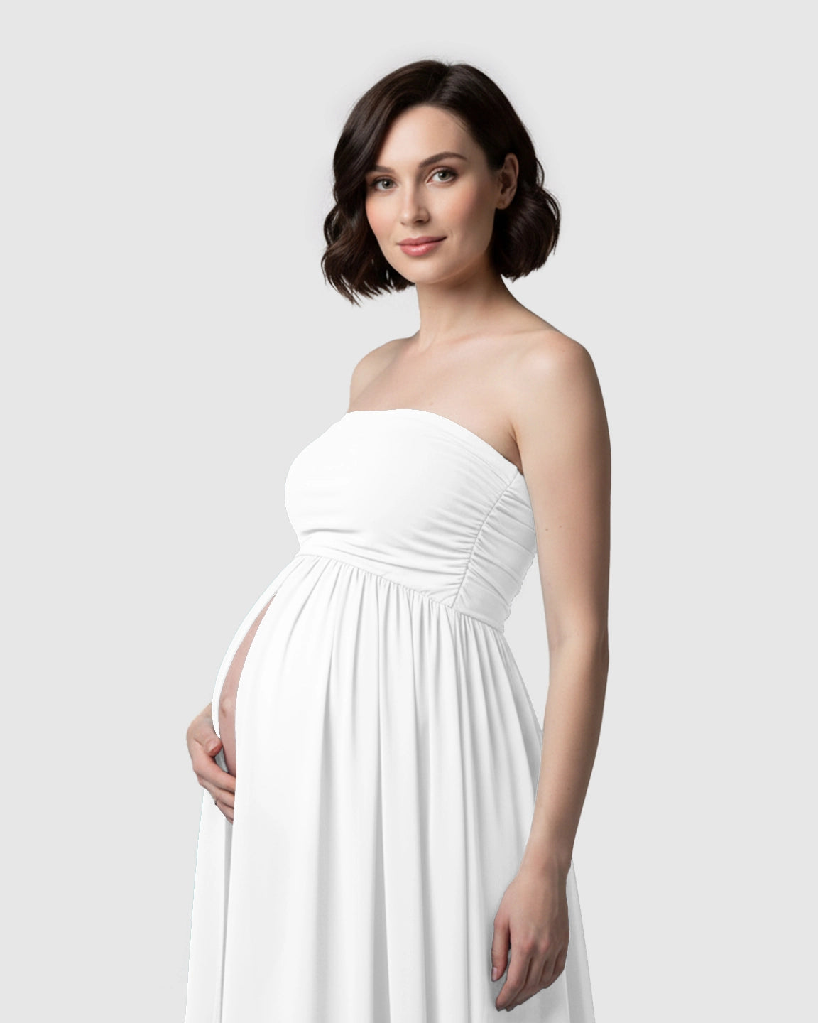 Strapless Ruched Front Slit Maternity Photoshoot Dress