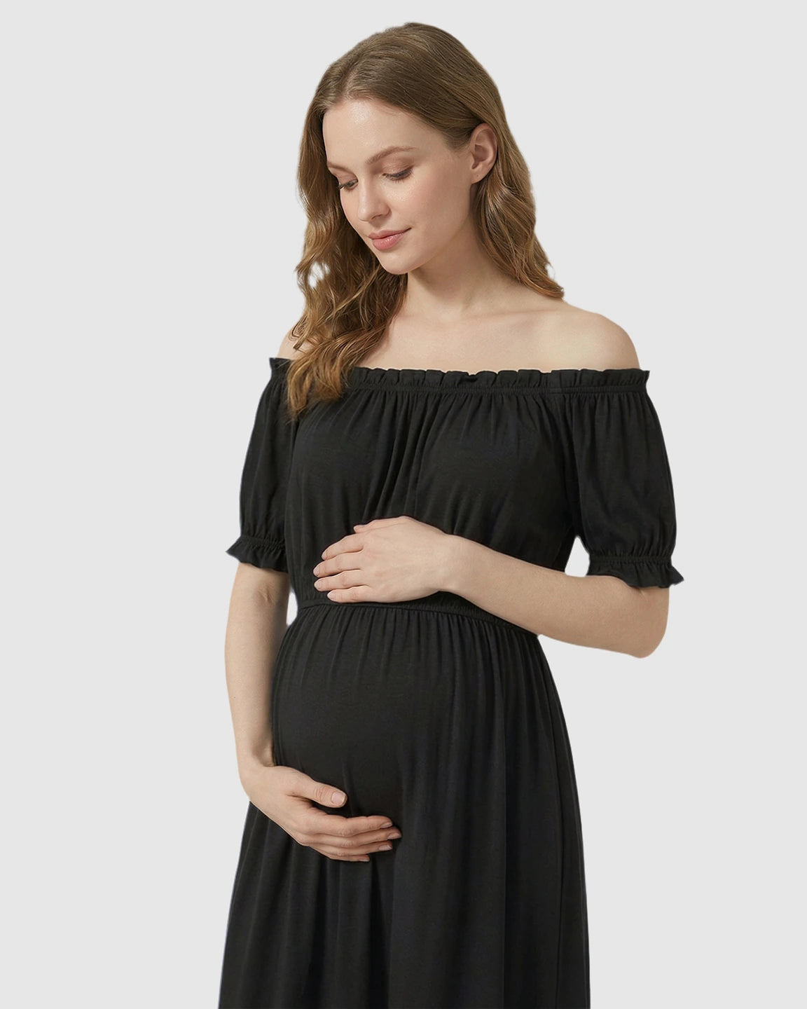 Ruched Off-Shoulder Maternity Midi Dress