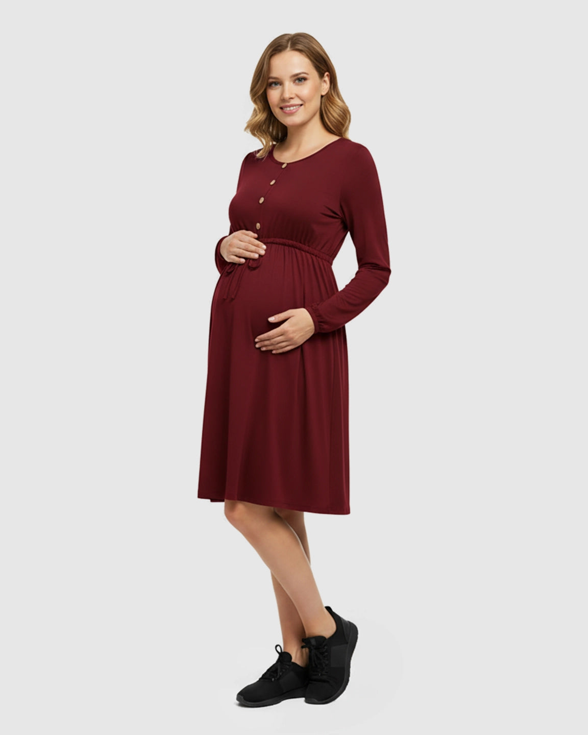 Button-Front Drawstring Waist Maternity Dress