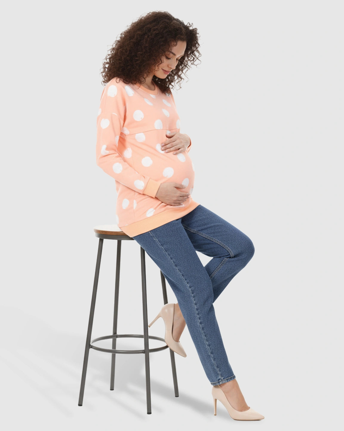 Round Neck Polka Dotted Loose Fit Nursing Sweatshirt
