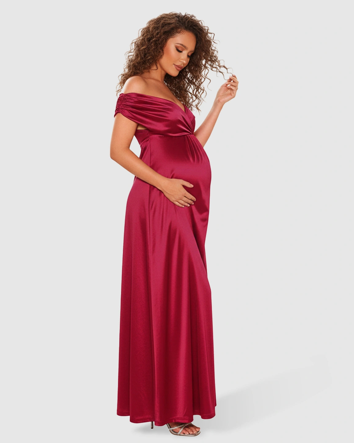 Ruched Off-Shoulder Empire Waist Maternity Maxi Dress