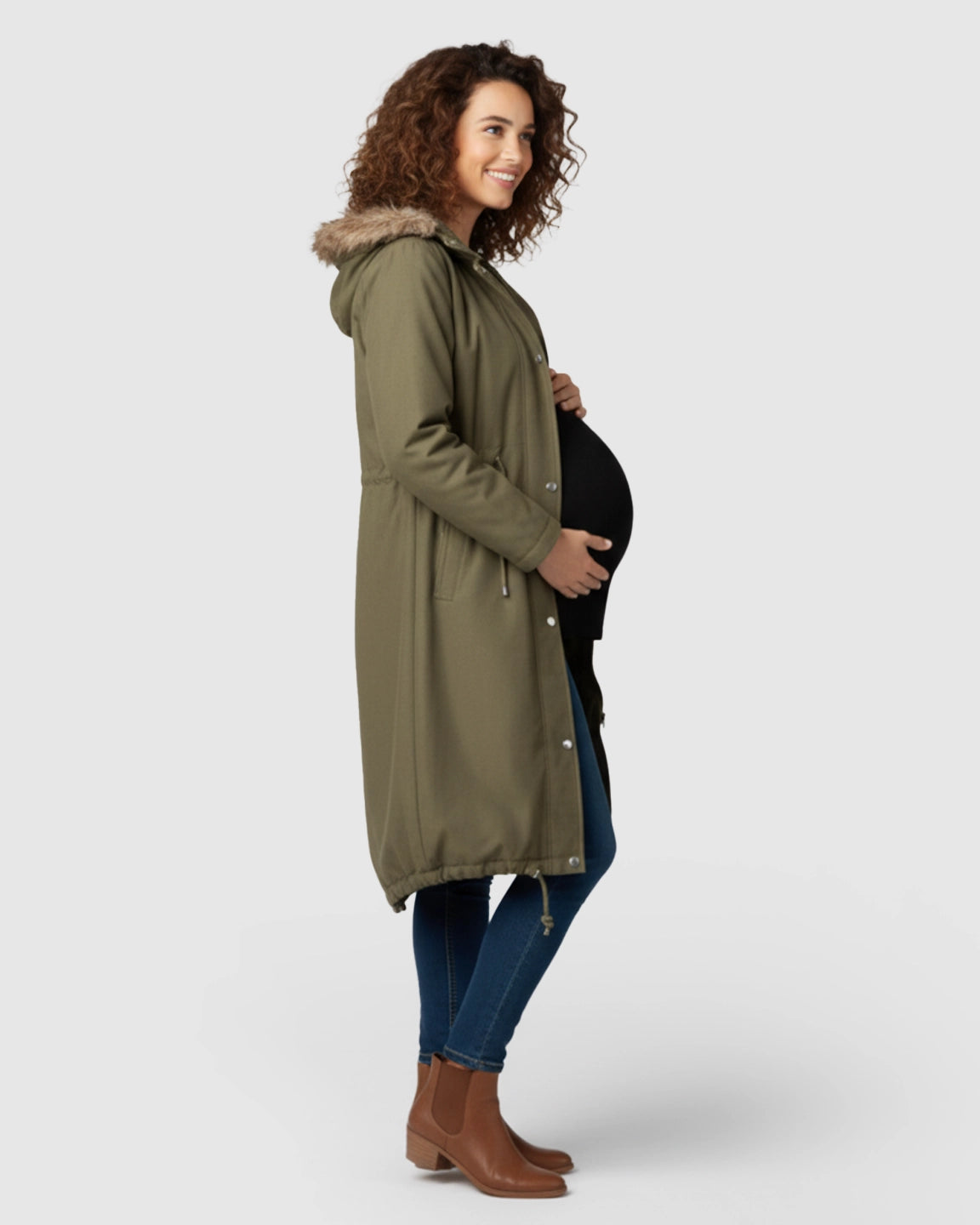 Fur Collar Hooded Long Maternity Jacket