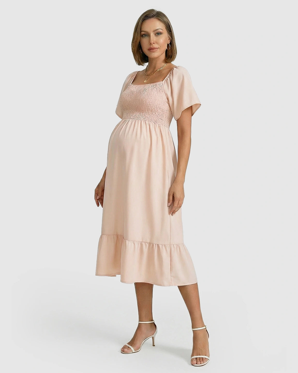 Smocked Square Neck Ruffled A-line Maternity Dress
