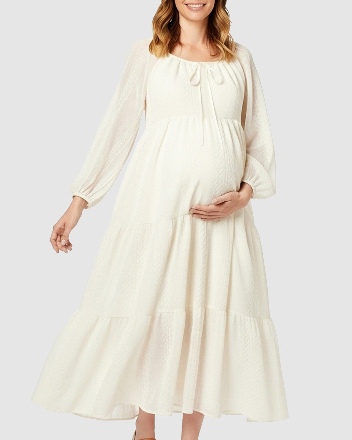 Square Neck Flared Long Sleeve Maternity Dress