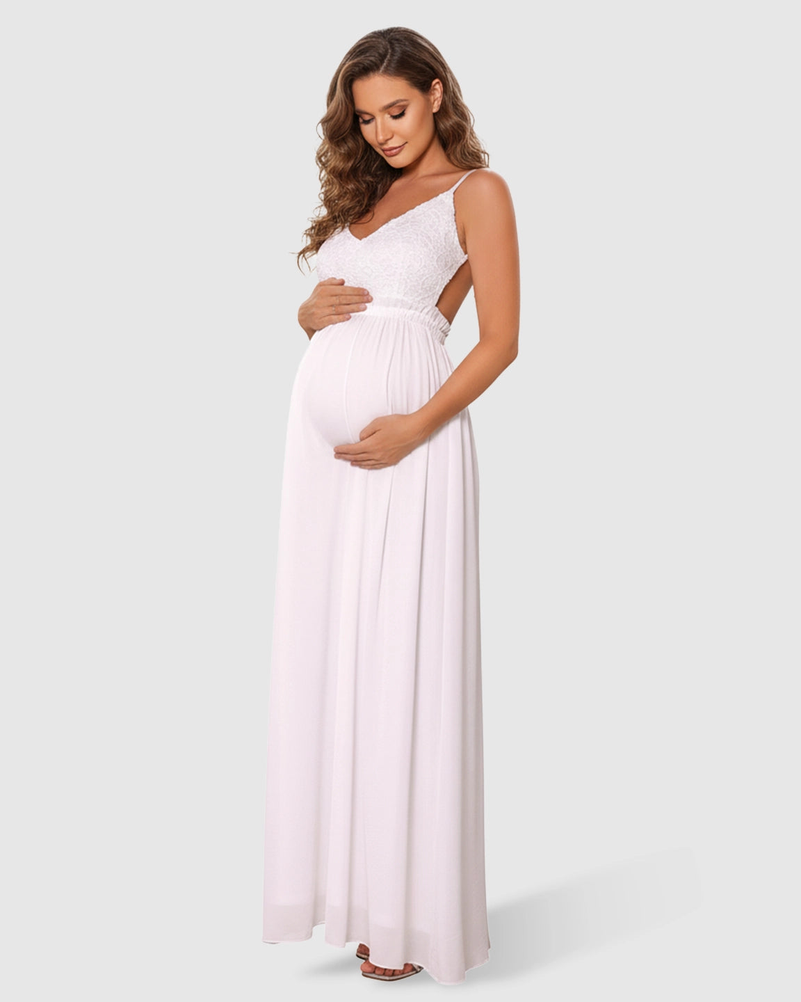 Deep V-Neck Lace Bodice Stylish Maternity Photoshoot Dress