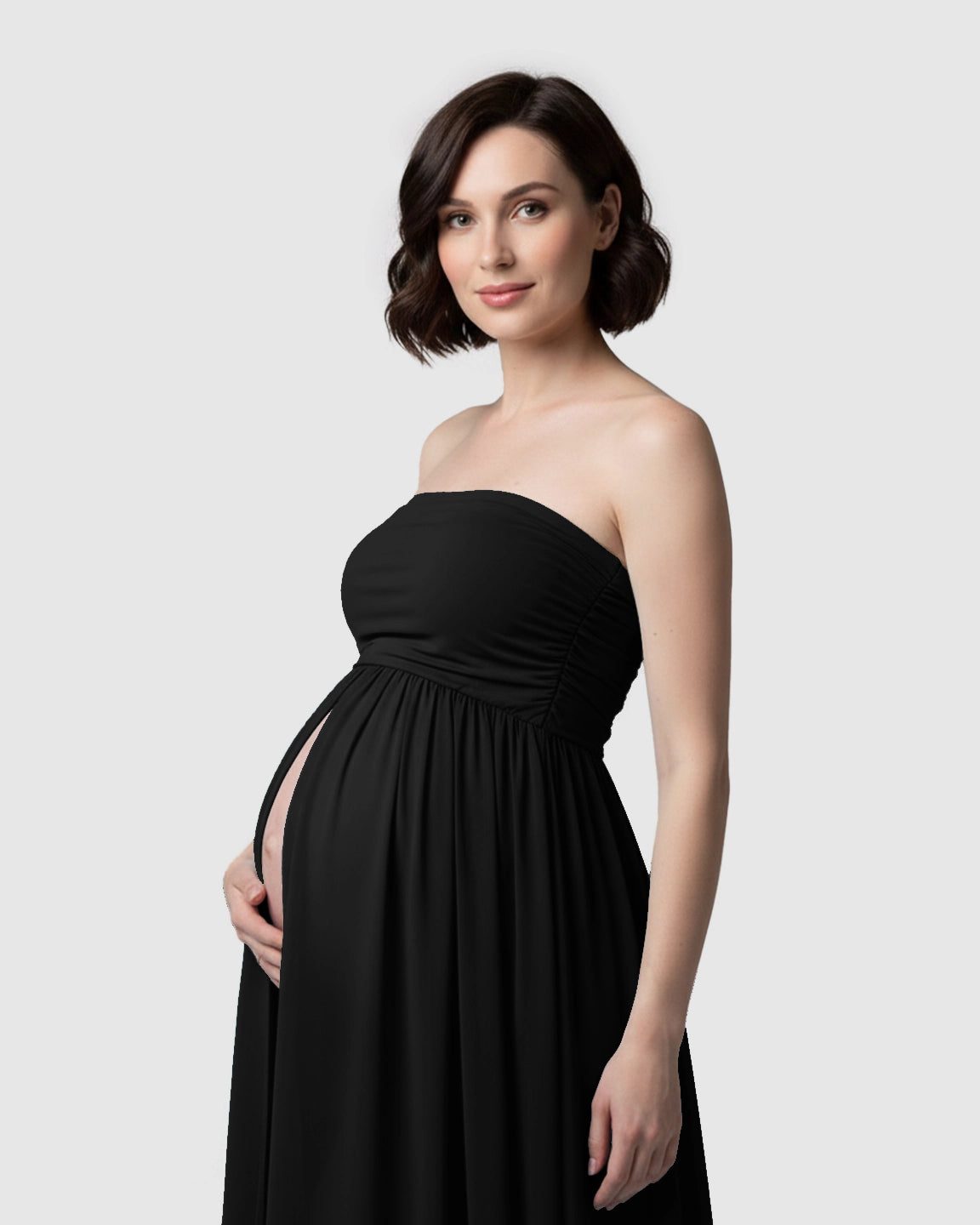 Strapless Ruched Front Slit Maternity Photoshoot Dress