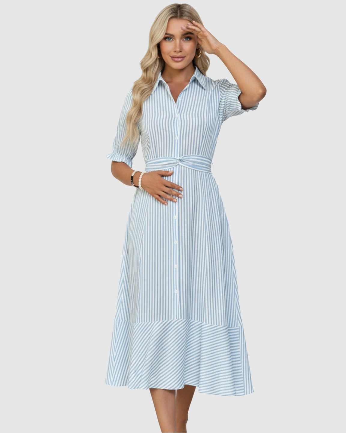 Lapel Puff-Sleeve A-line Maternity Dress