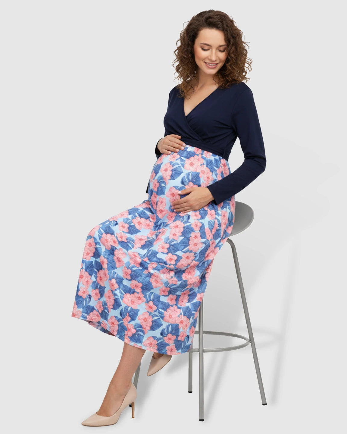 Floral V-Neck Maternity Midi Dress