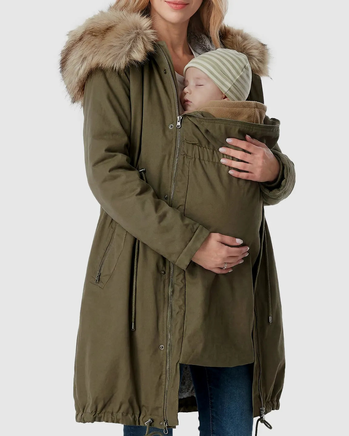 Fur Collar Hooded Long Maternity Jacket