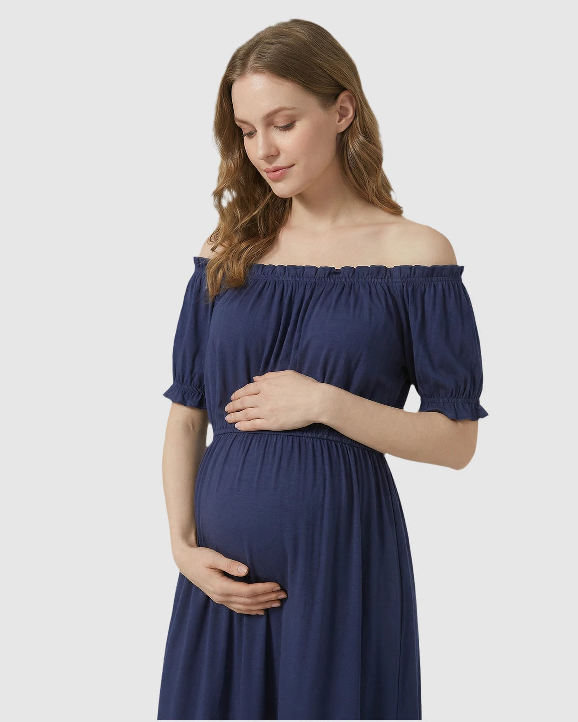 Ruched Off-Shoulder Maternity Midi Dress