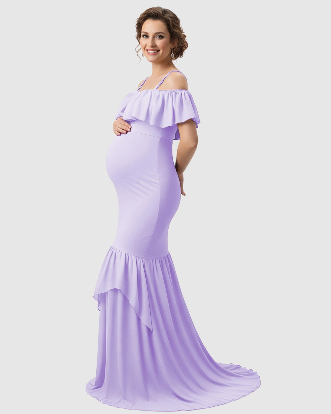 Ruffled Off-Shoulder Mermaid Train Maternity Photoshoot Dress