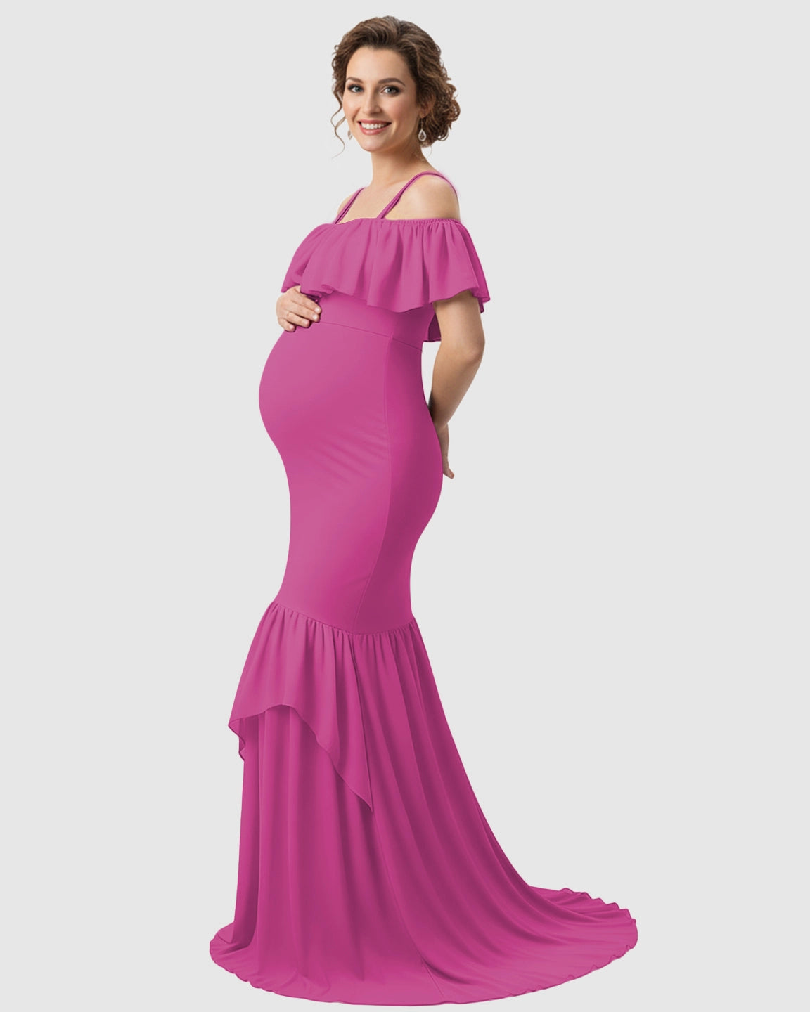 Ruffled Off-Shoulder Mermaid Train Maternity Photoshoot Dress