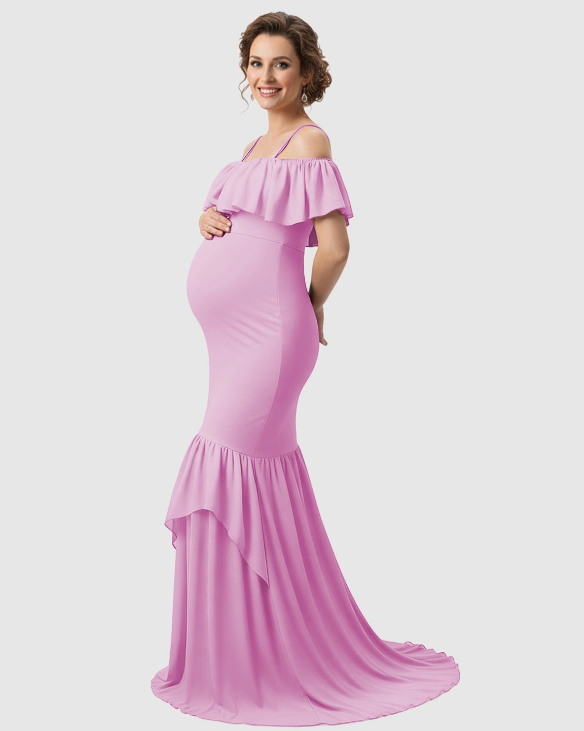 Ruffled Off-Shoulder Mermaid Train Maternity Photoshoot Dress